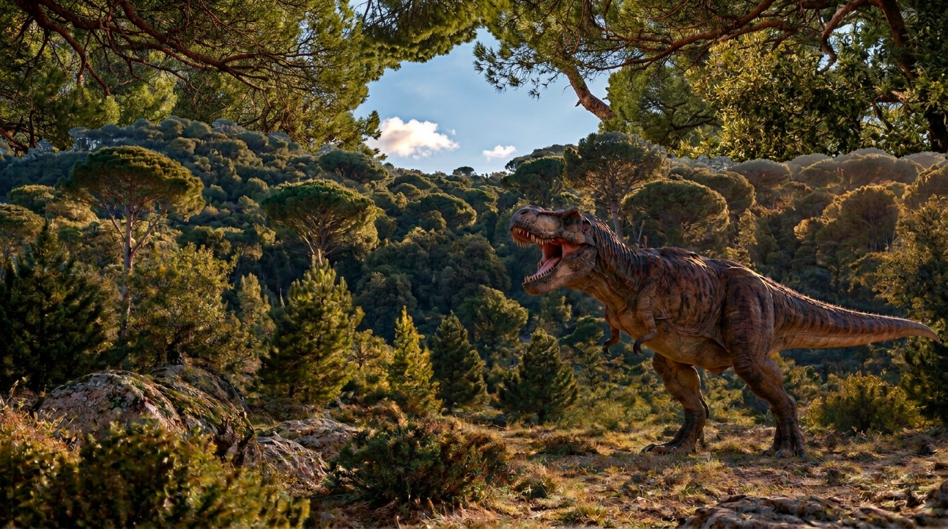 T-rex en el pinar de Dinolandia